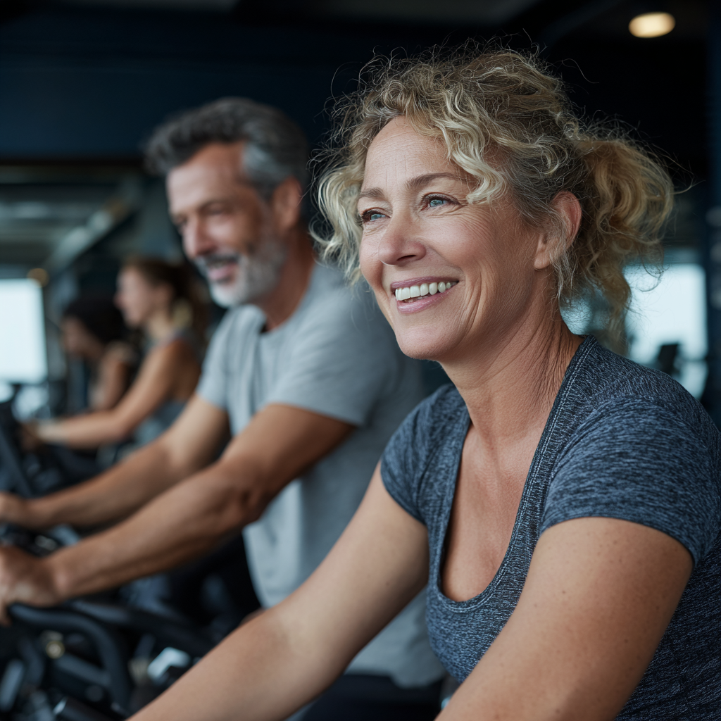 mature adults exercising together in modern fitness facility